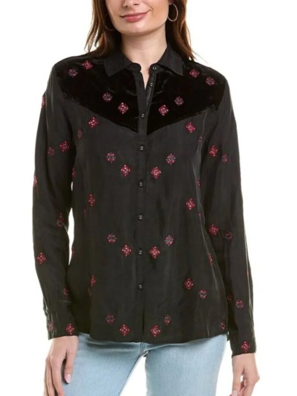 Johnny Was Workshop L Maxine Western Velvet Yoke Floral Blouse Cupra Silk - Picture 3 of 6